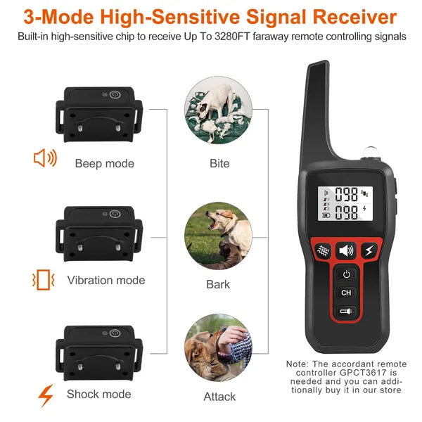 Waterproof Dog Training Collar Receiver - 3280ft Range with Shock, Vibration & Beep Modes