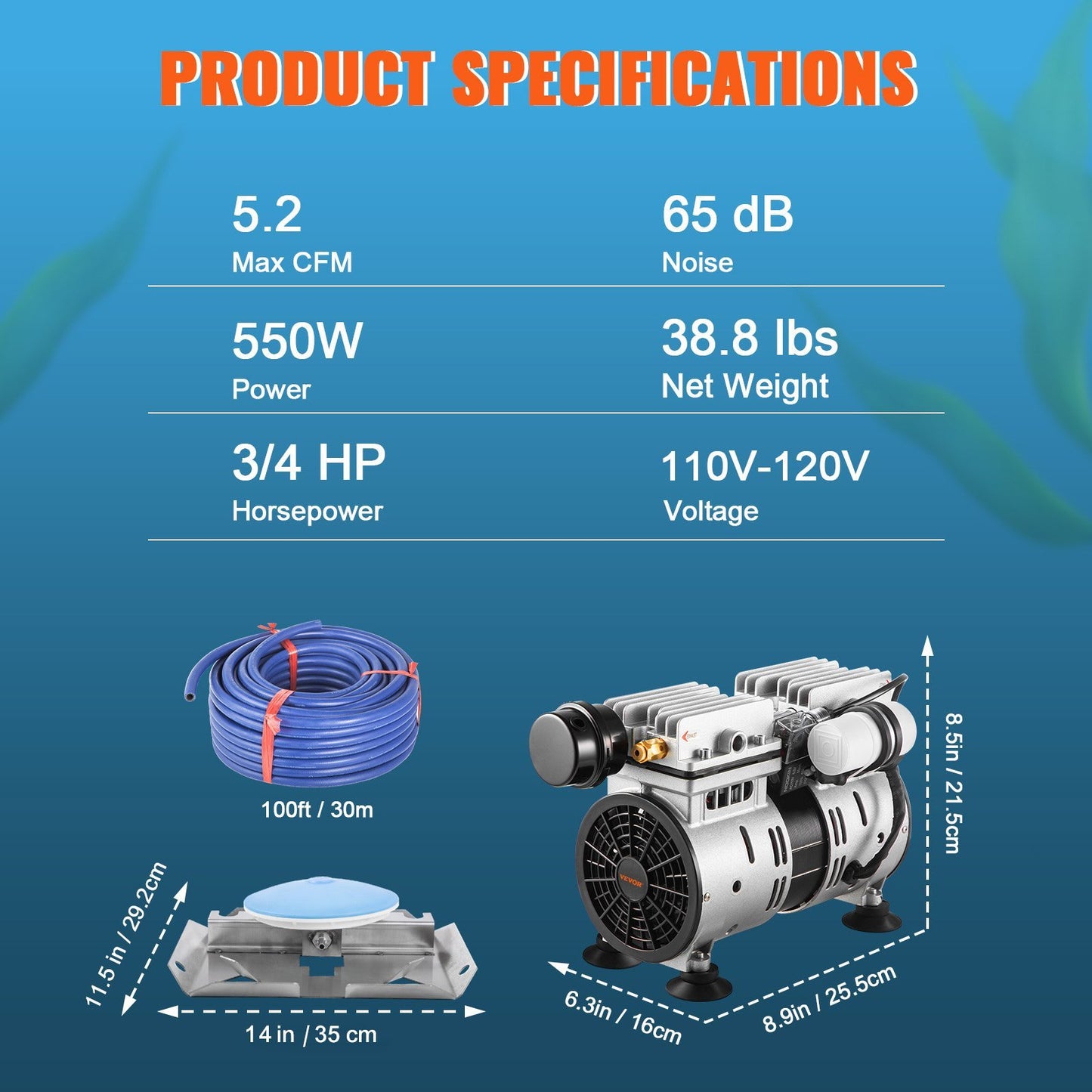 VEVOR Pond Aerator, 550W Power 5.2CFM For Up To 1 Acre 50' Lake Includes HP 100' Weighted Tubing & Diffuser, Air Compressor For Deep Water Oxygen Circulation, 1 Diffuser, Black