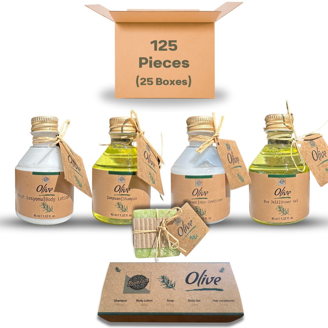 Olive 125 Piece Travel Size Toiletries Kit  Olive Blossom Scented Perfect For Vacation Rentals, Hotels, SPA