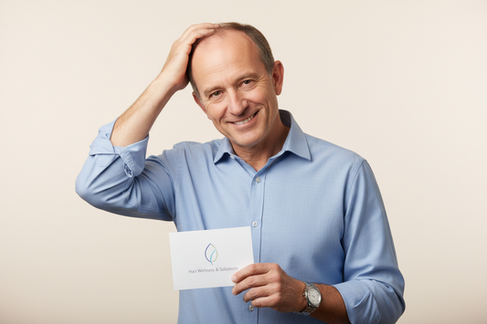 Adult man touching his head and smiling, illustrating hair loss awareness and treatment discussion