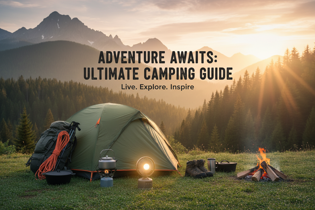 Camping tent set up at sunset in a mountain landscape with campfire and outdoor gear