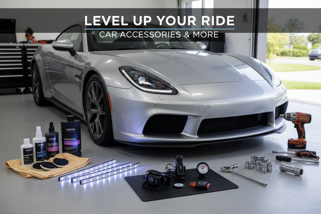 Essential car accessories and automotive tools including LED lights, emergency kit, and headlight restoration products for drivers