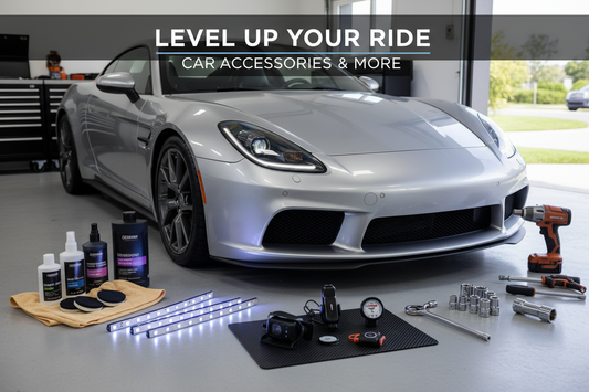 Essential car accessories and automotive tools including LED lights, emergency kit, and headlight restoration products for drivers