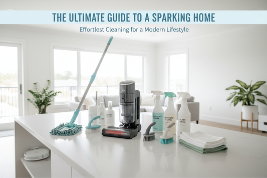 Cleaning supplies and vacuum arranged on a kitchen island in a bright modern home