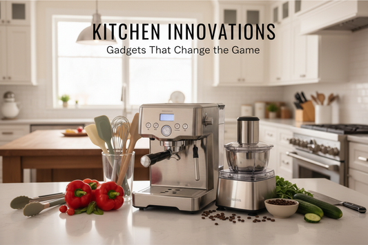 Modern kitchen gadgets including smart appliances, blenders, and cooking tools arranged on counter in contemporary kitchen