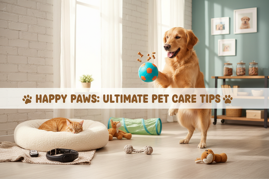 Happy pet with essential care products including pet bed, toys, grooming tools, and wellness supplies for healthy companion animals