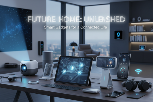 Modern smart home gadgets displayed in a contemporary living space, illustrating connected home technology