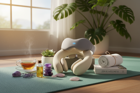 Wellness and fitness products arranged in calming spa-like setting for health journey