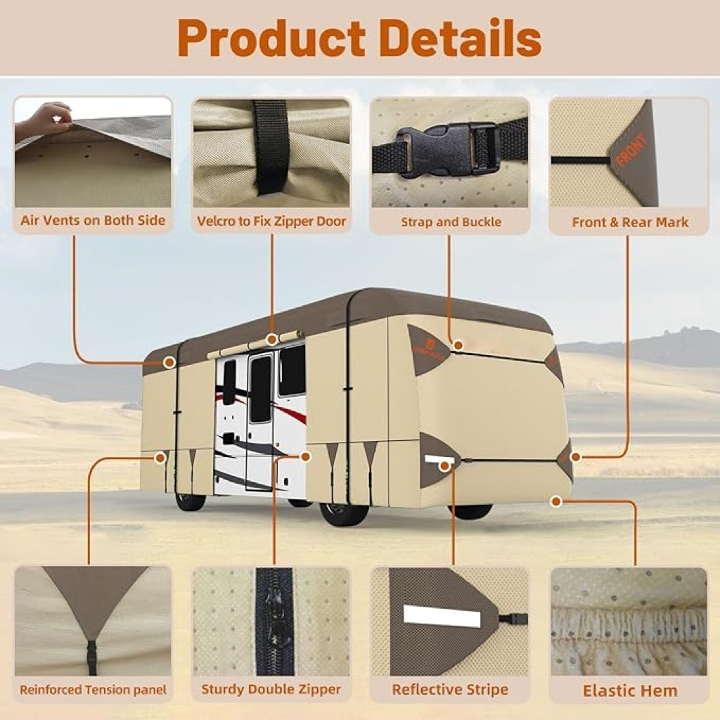 Illustration of an RV cover with labeled features on a desert background