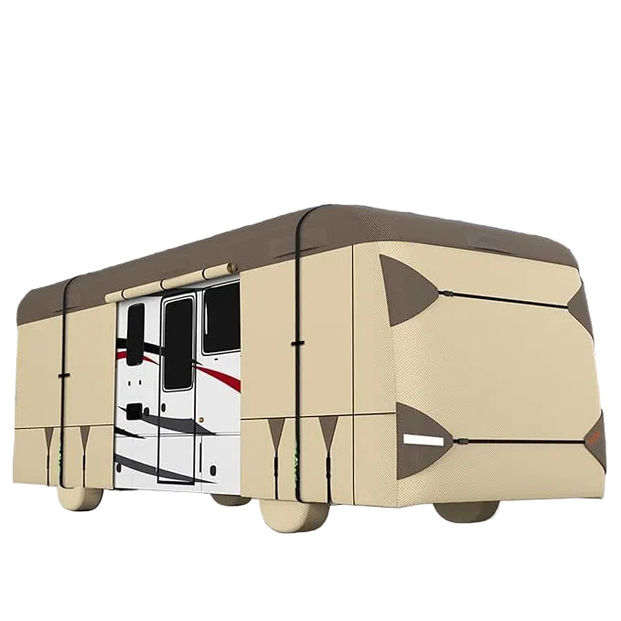 Camper van with rv cover on white background