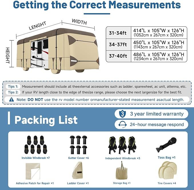Measurement chart for RV cover with dimensions and accessories listed.