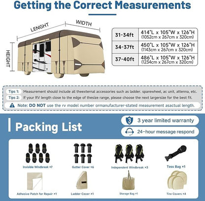 Measurement chart for RV cover with dimensions and accessories listed.