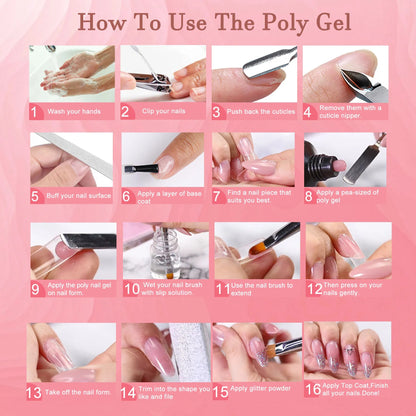Polygel Nail Extension Kit with UV Lamp – Complete Gel Nail Starter Set with Slip Solution, Tools & Tips for Beginners